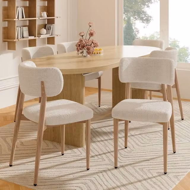 BTM Set of 2 Cream Bouclé Dining Chairs with Natural Wood Colour Metal Frame – 1