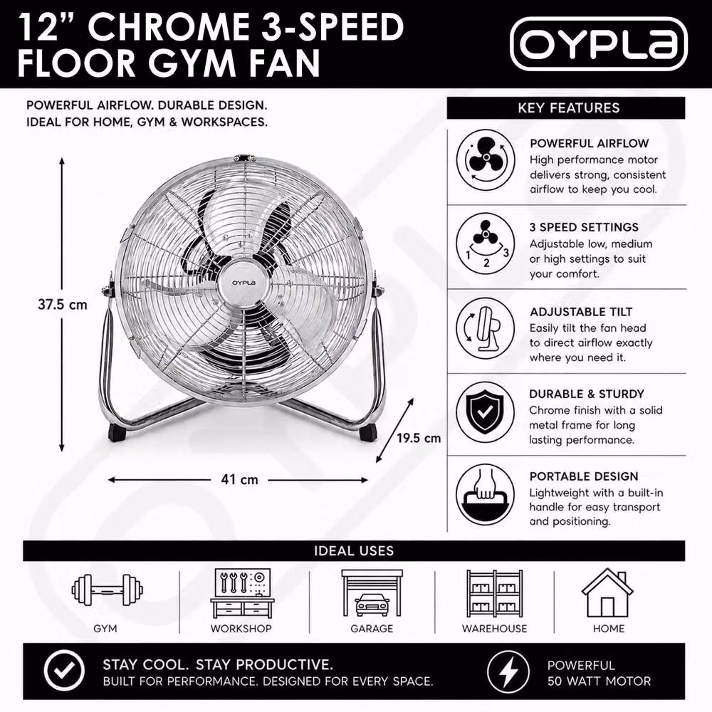 Oypla 12 inch Electric Floor Fan in Silver – 3