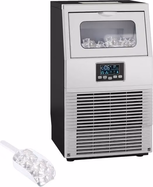Rolipo Silver Commercial Ice Maker with 30kg Capacity and 4kg Storage, Digital Display and Stainless Steel Finish