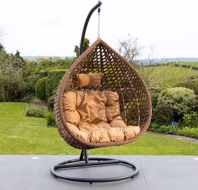 Artemis Home Henley Brown Rattan Swing Egg Pod Chair with Metal Stand and Foam Mattress – 1