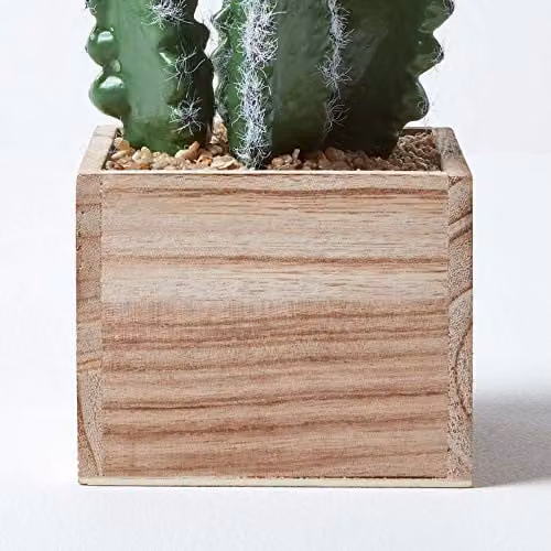 Homescapes Artificial Succulent Cactus in a Green Square Wooden Pot, Height: 33 cm – 3