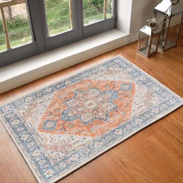 Livabliss Lilian Washable Vintage Boho Living and Dining Room Rug in Blue, Brown and Burnt Orange, W: 200 cm, D: 275 cm – 1