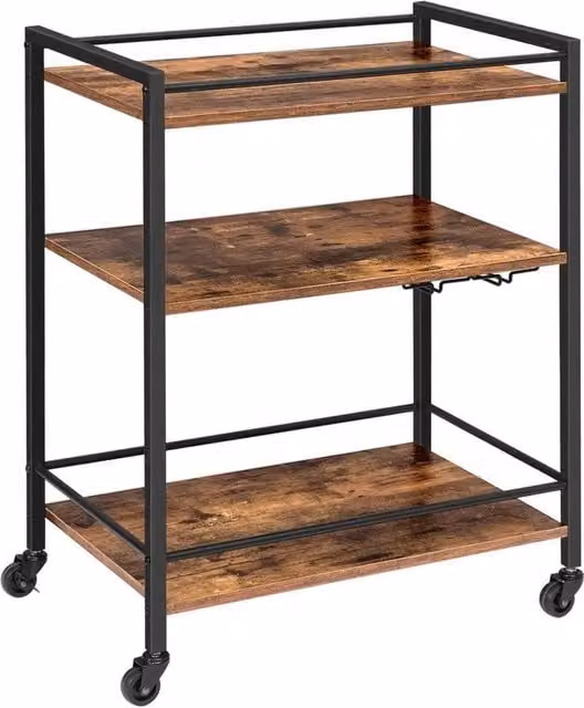 NESTLUNE 3 Tier Industrial Rustic Wooden Kitchen Trolley with Castors in Black – 1