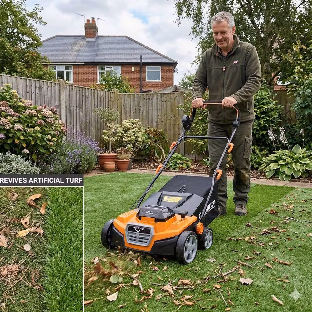 Lazy Tools Cordless 40V Grass Sweeper in Orange with 380mm Sweeping Width, 50L Collection Bag, 2x4Ah Rechargeable Batteries and Dual Charger – 3