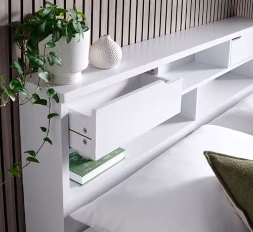Bedmaster Fabio White and Grey Wooden Storage Bed with Side Compartments and Bedside Shelves, 140 x 200 cm – 3