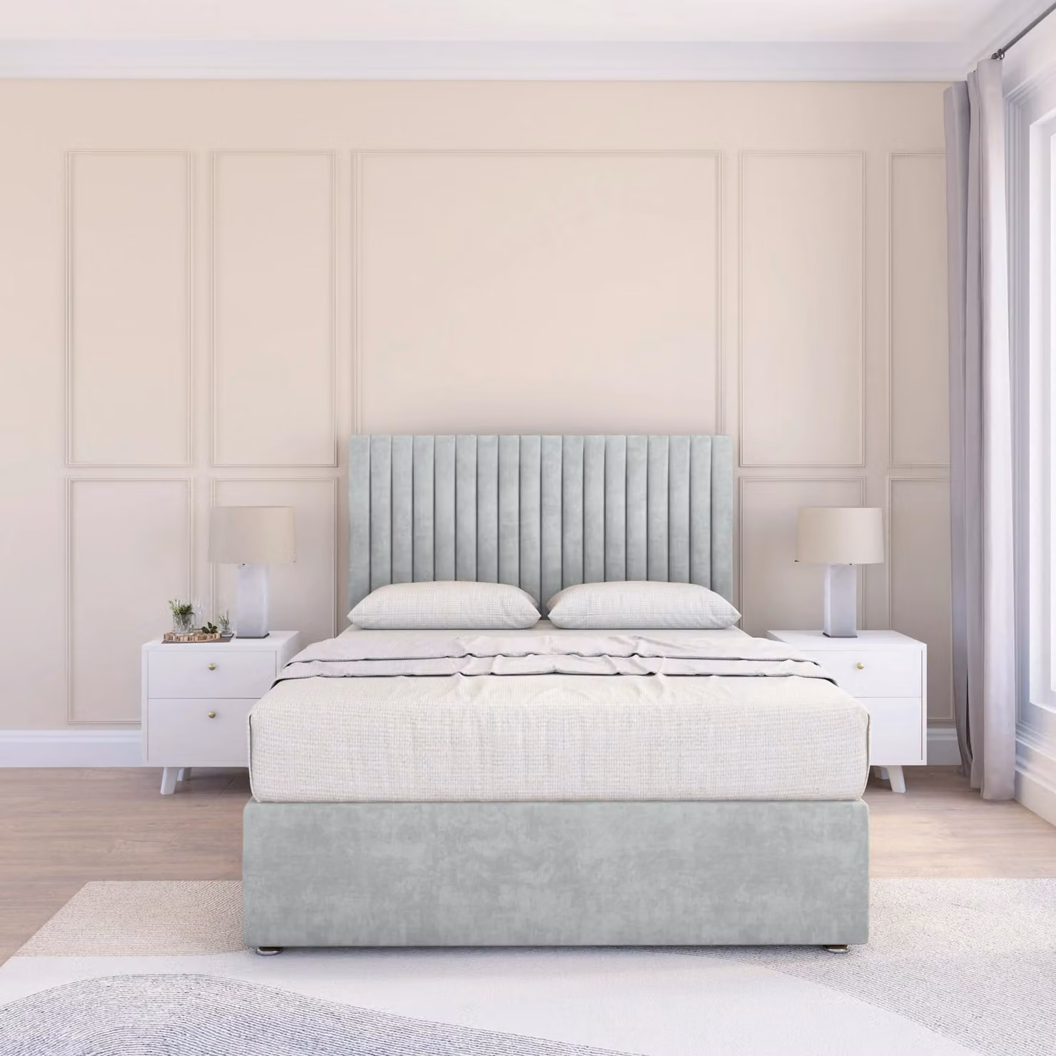 Sloomy Manhattan Super King Divan Bed Base and 26 inch Struts Headboard in Silver Velvet Fabric