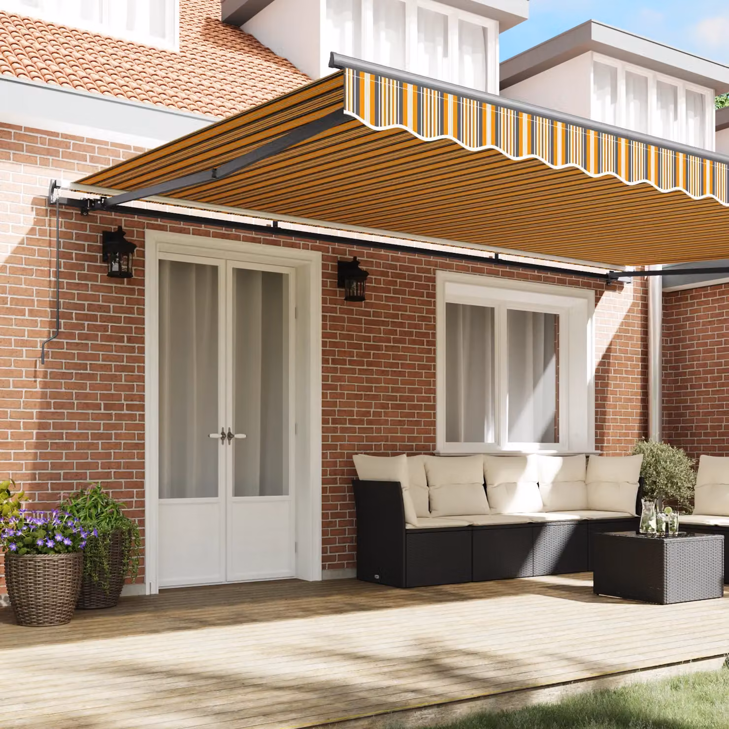 Berkfield Home Manual Retractable Wall-Mounted Awning with Multicolour Yellow Stripes, W: 500 cm, D: 300 cm – 3