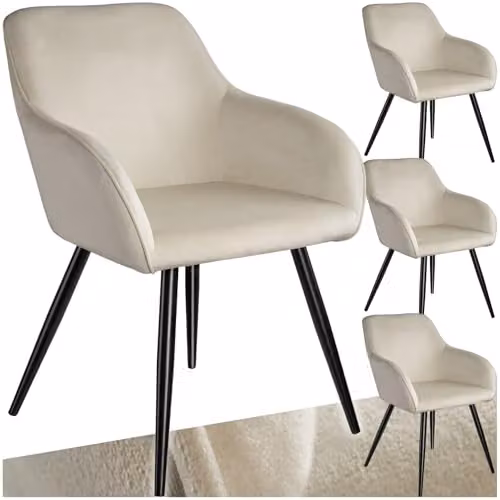 tectake Set of 4 Marilyn Dining Chairs in Cream Velvet with Black Metal Legs – 1
