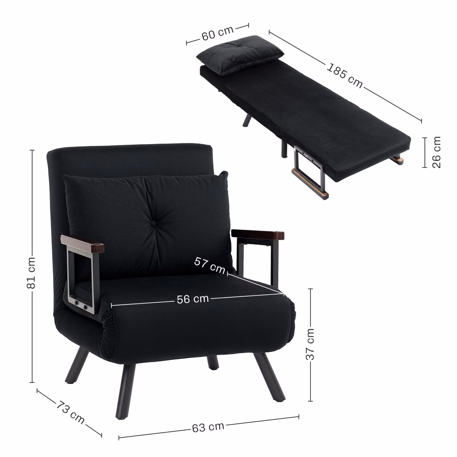 HOMCOM 4-in-1 Black Velvet Single Chair Bed with Pillow and Metal Frame – 3