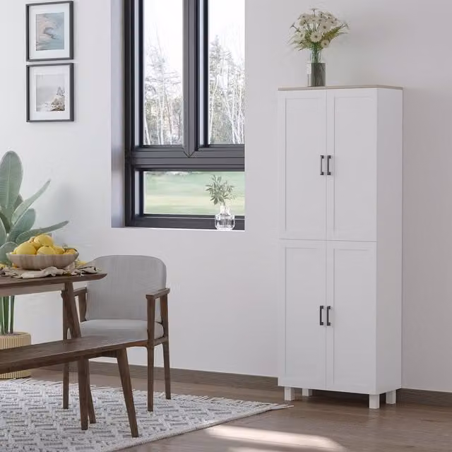 HOMCOM Modern Kitchen Cupboard, 4-Door Freestanding Tall Storage Unit with Internal Shelves, White and Natural Wood Effect