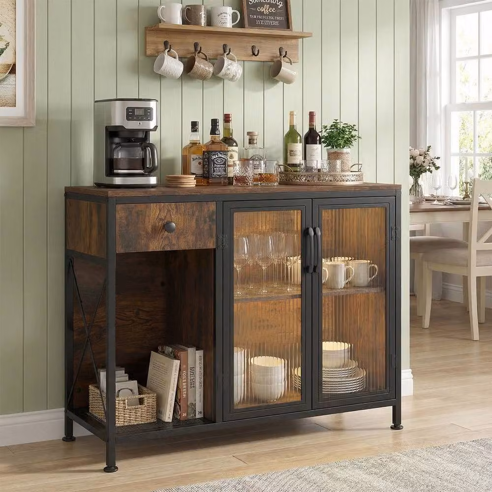 Gymax Brown Industrial Buffet Sideboard with Integrated LED Lighting and Power Outlets – 8