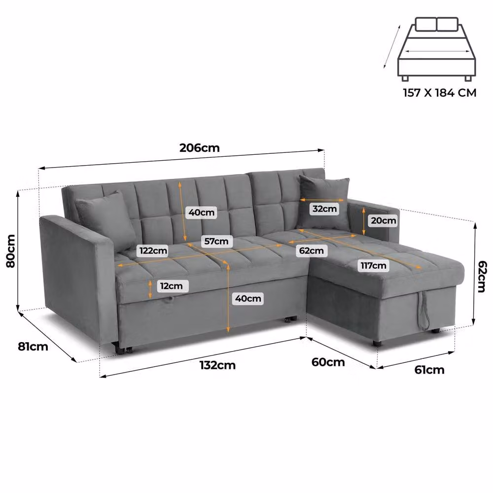 Bravich LTD Milo Reversible L-Shape Corner Sofa Bed with Storage in Grey Velvet, 140x200 cm – 2