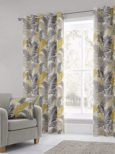 Fusion Tropical Exotic Palm Leaf Print 100% Cotton Eyelet Curtains in Yellow, Width: 168 cm, Drop: 229 cm