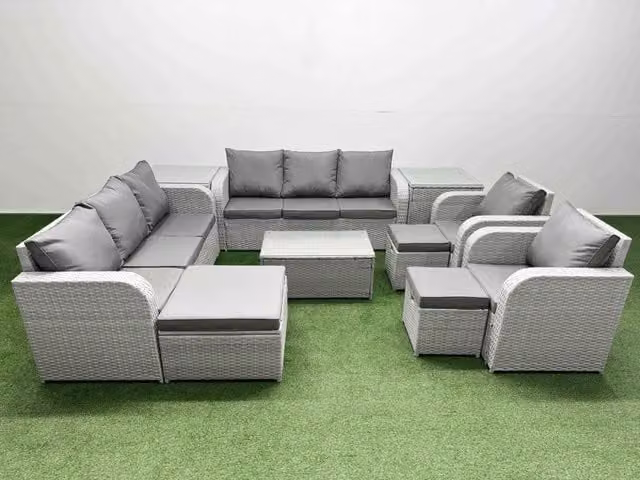 Fimous PE Rattan High Back Lounge Sofa Set in Light Grey with 3 Seater Sofa, Reclining Chair, 3 Stools, Coffee Table and 2 Side Tables