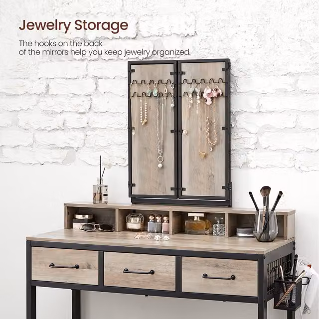 VASAGLE Modern Dressing Table with 3-Piece Tri-Fold Mirror and Padded Stool, Black