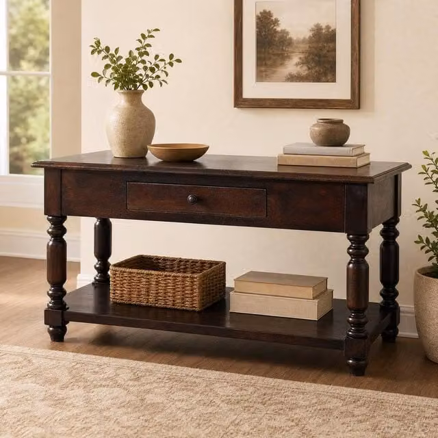 STILVORA Mango Wood Coffee Table with Drawer and Shelf in Brown – 1