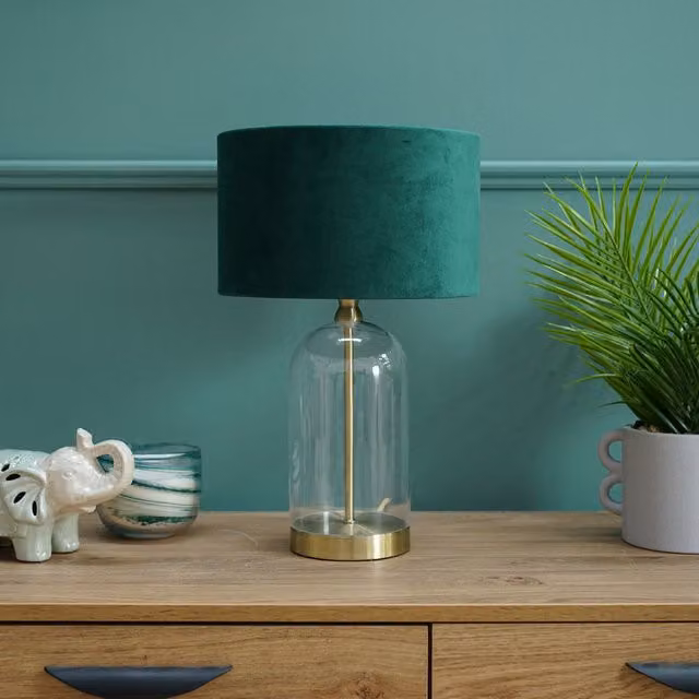 ValueLights Jessy Glass Table Lamp with Gold Base and Green Fabric Shade