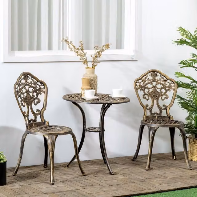 Outsunny 3 Piece Cast Aluminium Garden Bistro Set in Bronze with Parasol Hole – 1