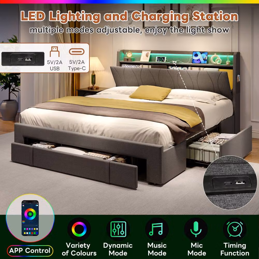 ModernLuxe Upholstered Double Bed in Grey with 3 Drawers and LED Storage Headboard with USB Charging Port, W/D/H: 140 x 200 x 106 cm – 4