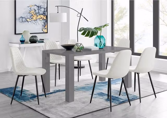 FurnitureboxUK Pivero Grey Rectangular Dining Table with 6 White Corona Chairs and Black Legs