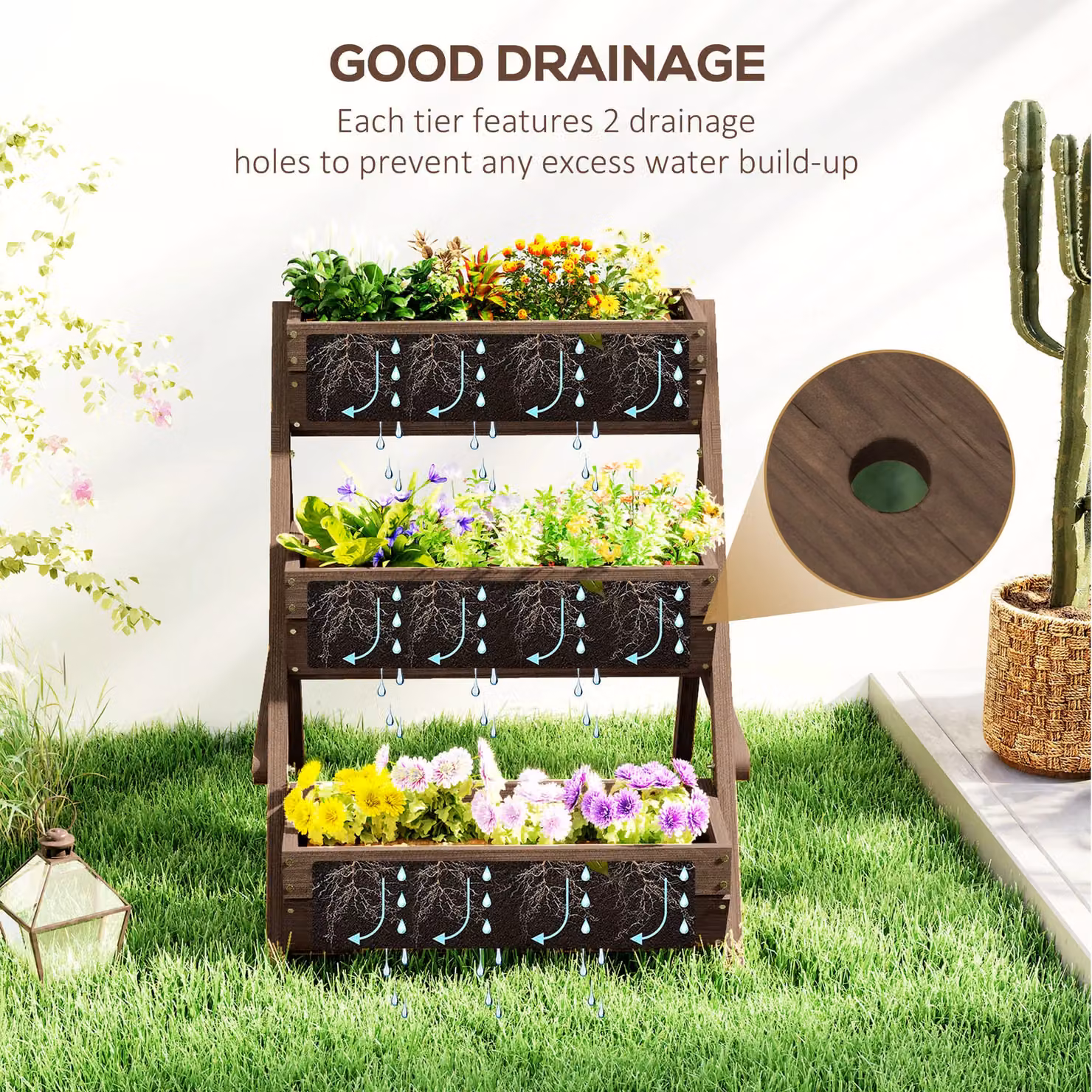 OUTSUNNY 3 Tier Wooden Raised Garden Bed Elevated Planter Box Kit, Brown – 4