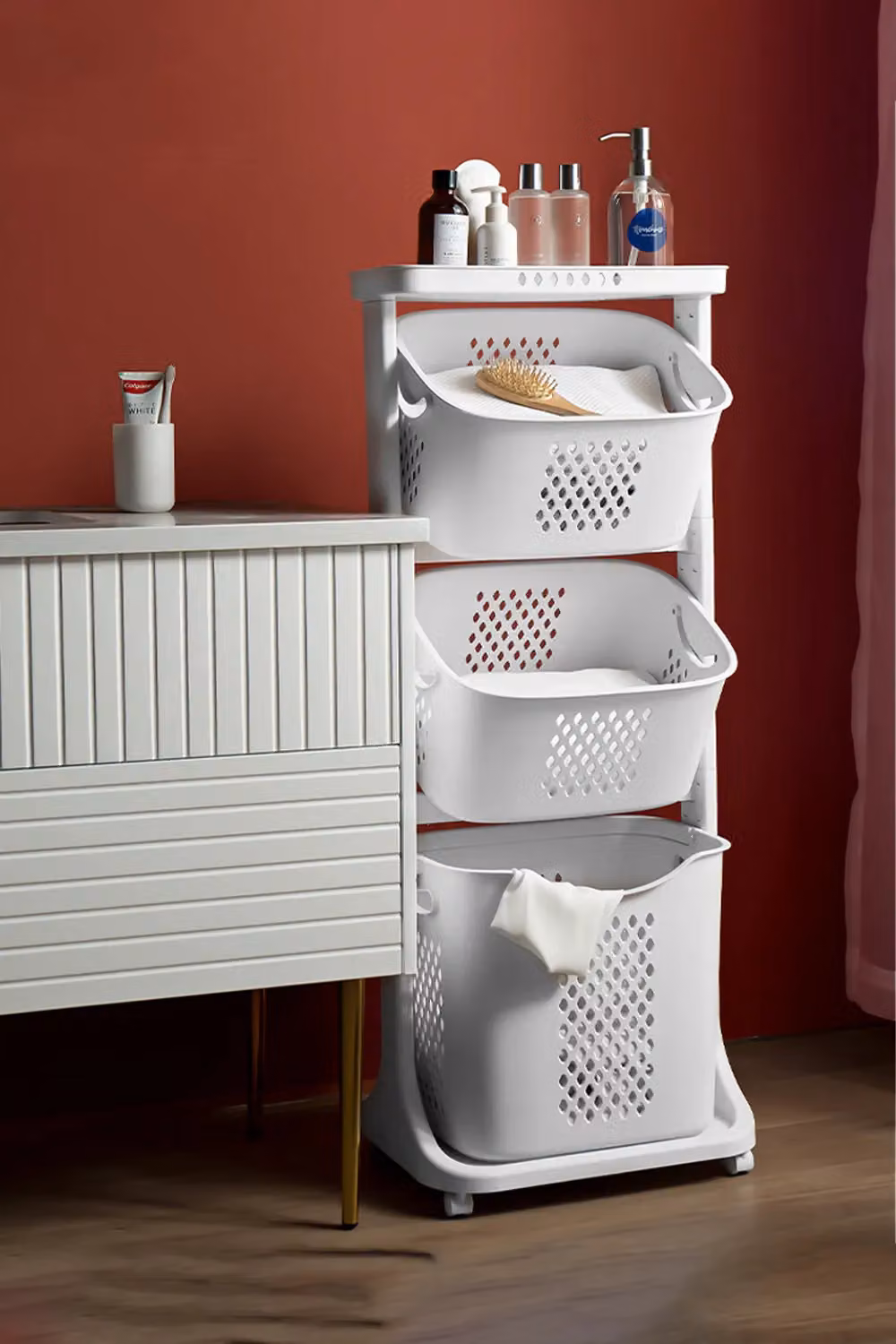 Living and Home 3 Compartment Rotatable Laundry Basket Sorter Cart with Wheels, White – 5