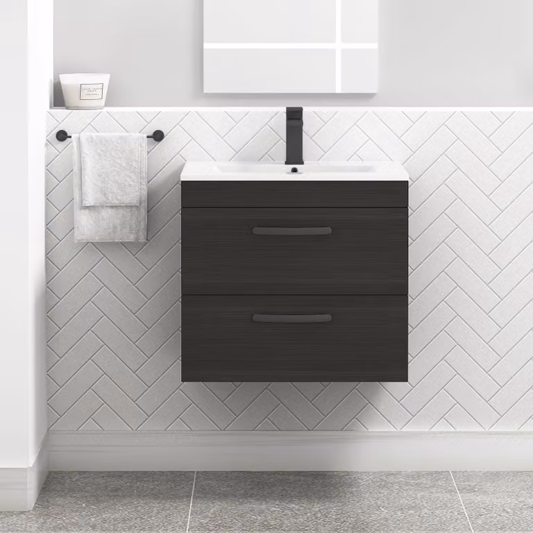 Royal Bathrooms Turin 600mm Wall Hung Vanity Unit in Charcoal Oak with 2 Drawers and Matt Black Handles