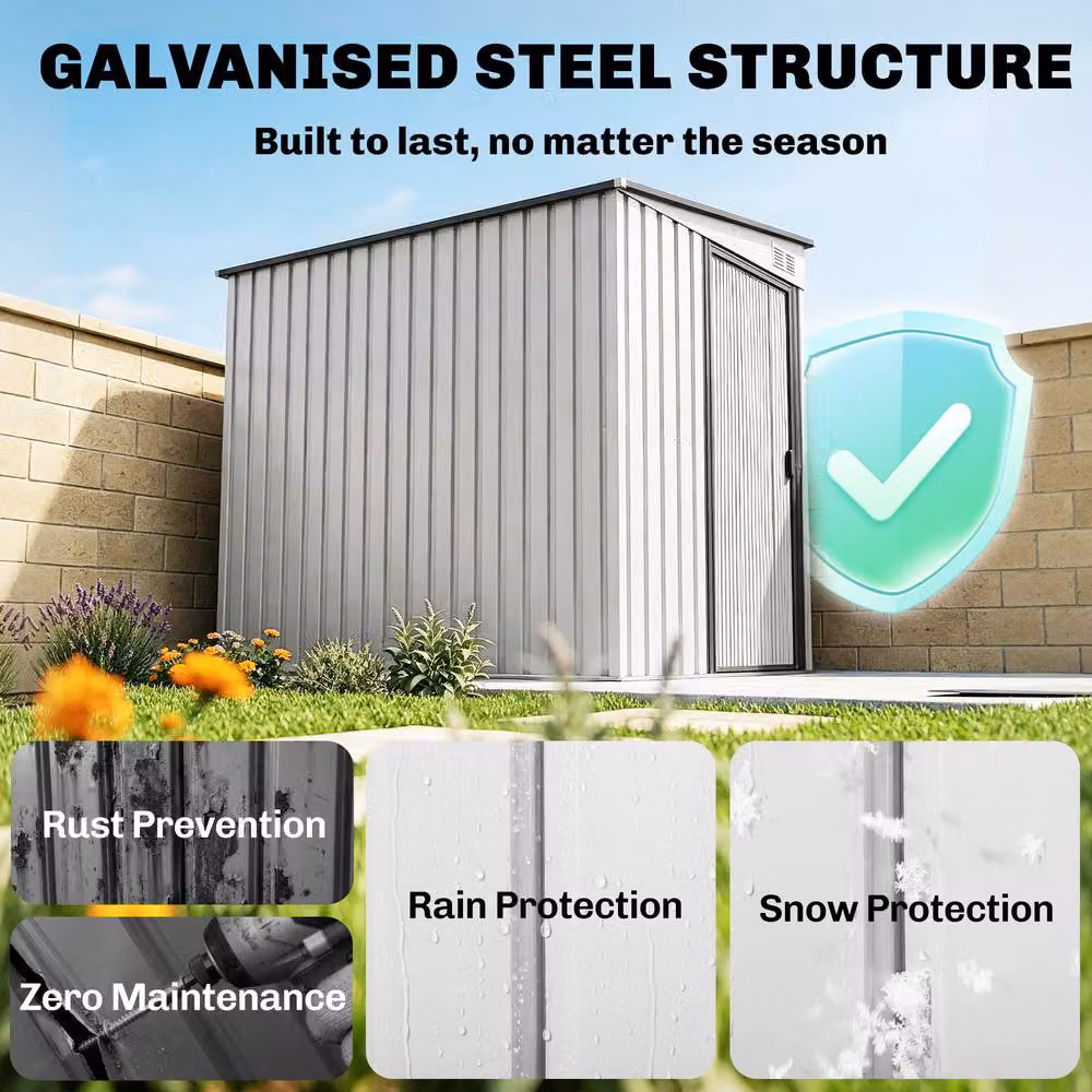 Rolipo White Galvanised Steel Pent Garden Shed with Sliding Door, W/D/H: 213.36 x 152.4 x 181.0 cm – 5