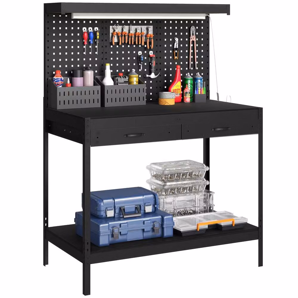 HOMCOM Black Steel Workbench with Pegboard and Power Strip, Width: 110 cm – 2