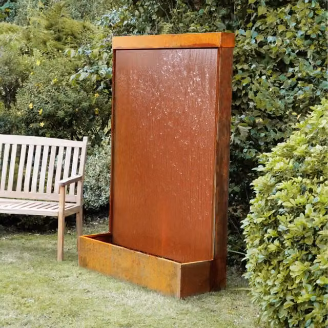 Primrose Corten Steel Vertical Wall Fountain with Reservoir and LEDs, Brown, H: 175 cm