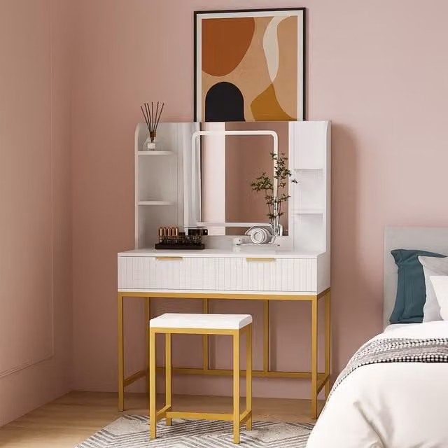 KOSY KOALA Modern Dressing Table Set with LED Mirror and Stool in White and Gold, W: 140 cm, D: 40 cm, H: 90 cm