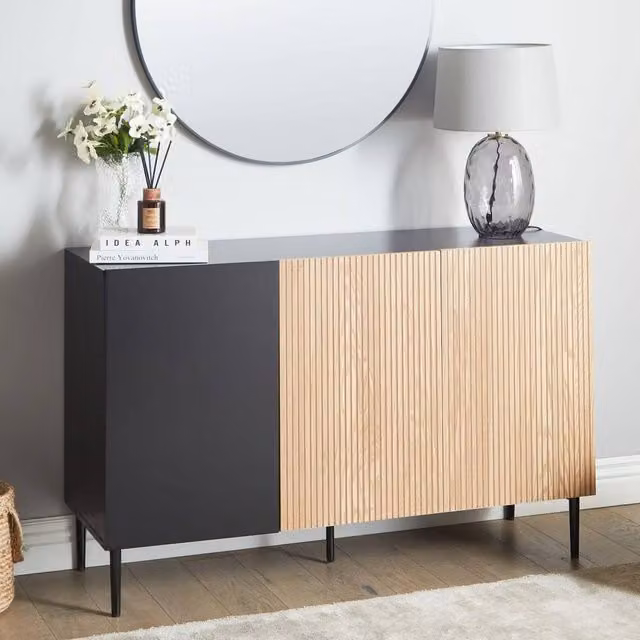 Wyld and Coco 3-Door Ribbed Front Sideboard in Black Lacquered MDF with Ash Veneer
