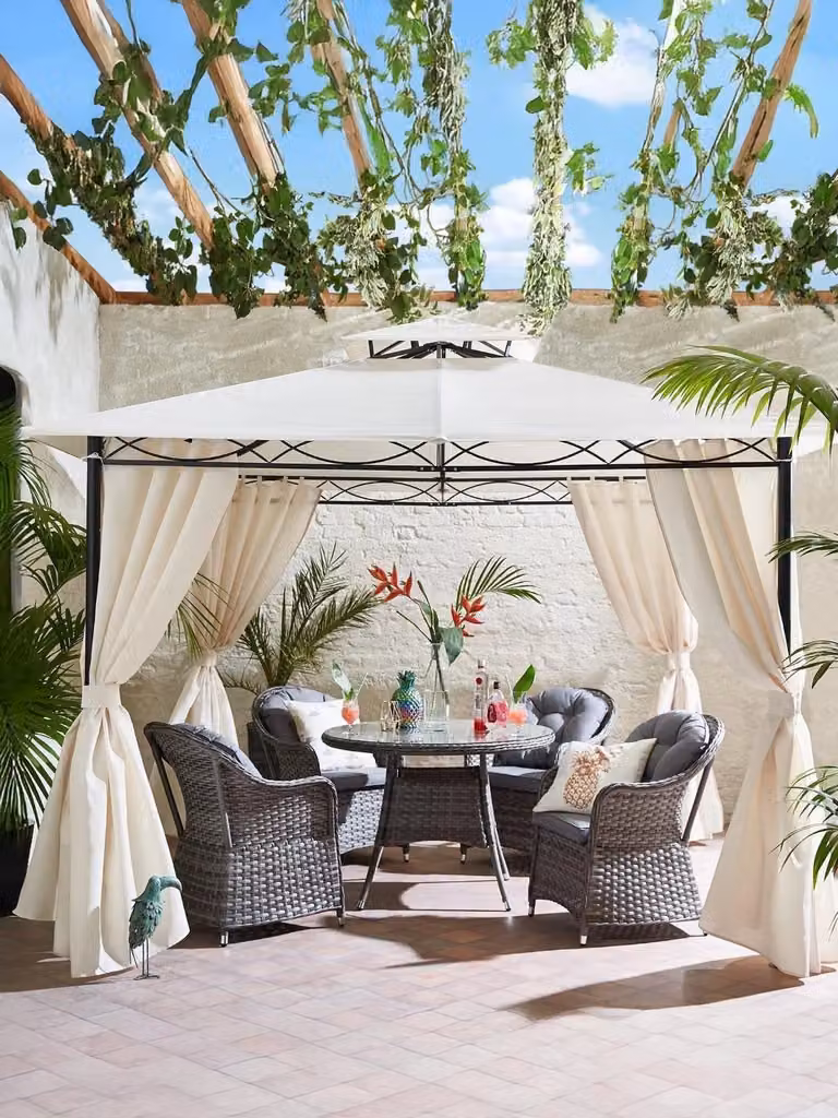 Cheap Furniture Warehouse Waterproof Metal Garden Gazebo with 4 Side Panels in Beige and Black, W/D/H: 300 x 300 x 275 cm