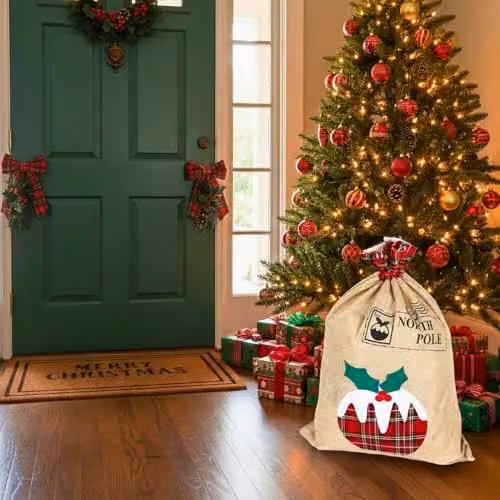 Shatchi Large Santa Sack Hanging Christmas Gift Bag in Brown and Beige, W/H: 70 x 50 cm – 8