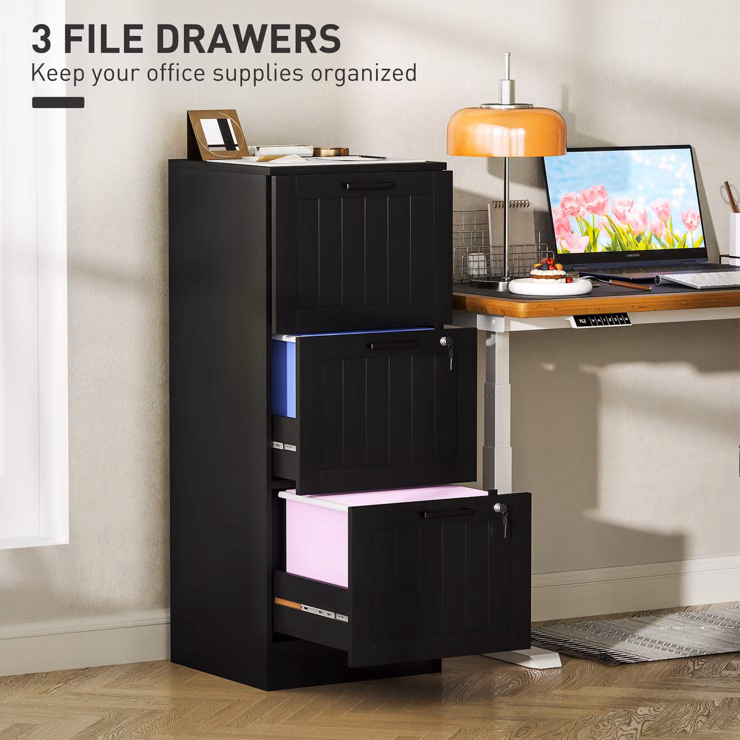 HOMCOM 3 Drawer Black Metal Filing Cabinet with Lock and Adjustable Hanging Bars for A4 and Letter Size Files – 4