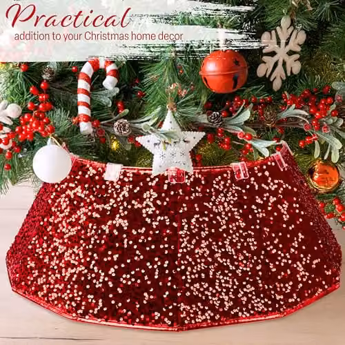 Deco Express Red Sequin Christmas Tree Skirt, Round Textile Base Cover, Diameter: 68 cm – 3