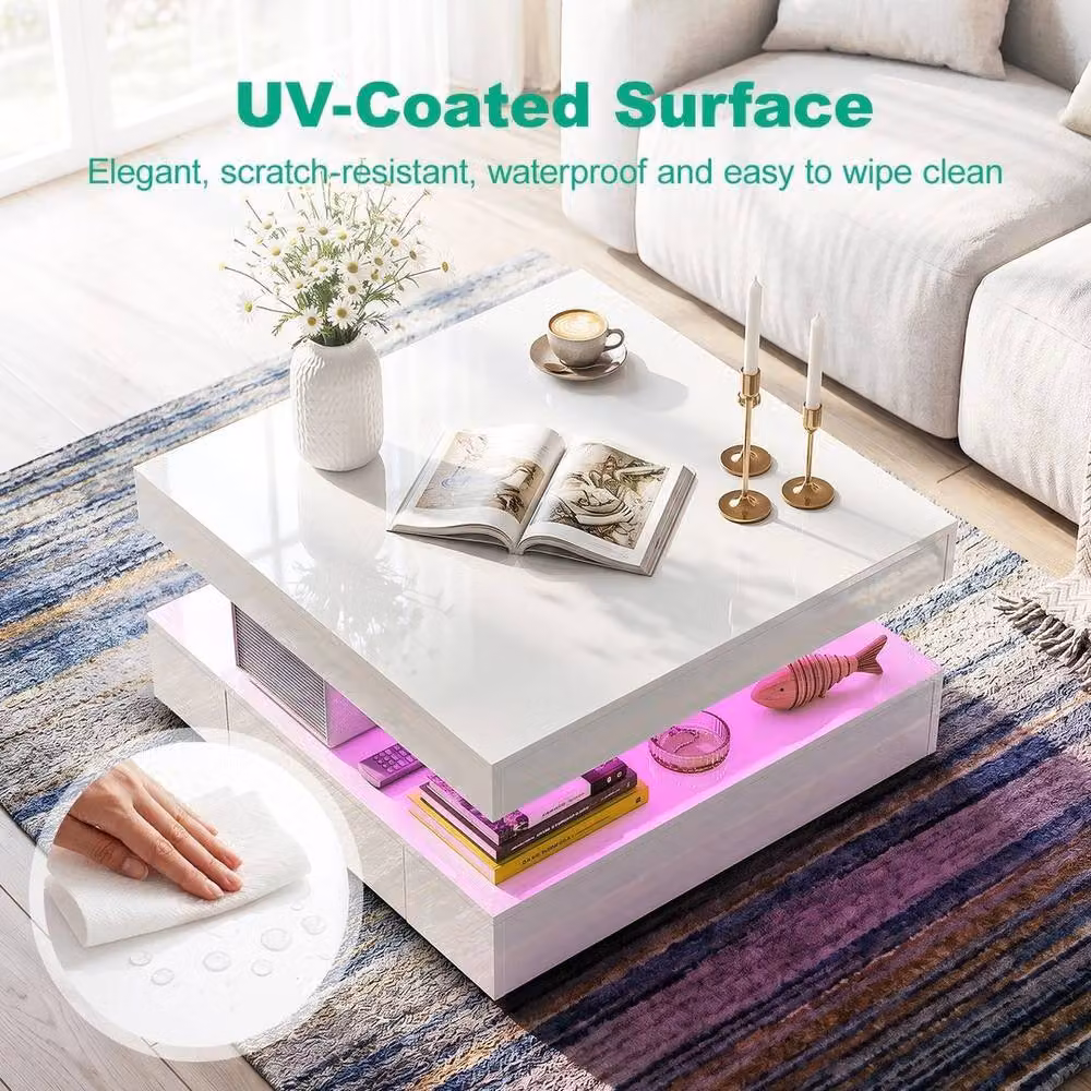 EONLION High Gloss LED Coffee Table with 2 Drawers, White, Width: 100 cm – 5