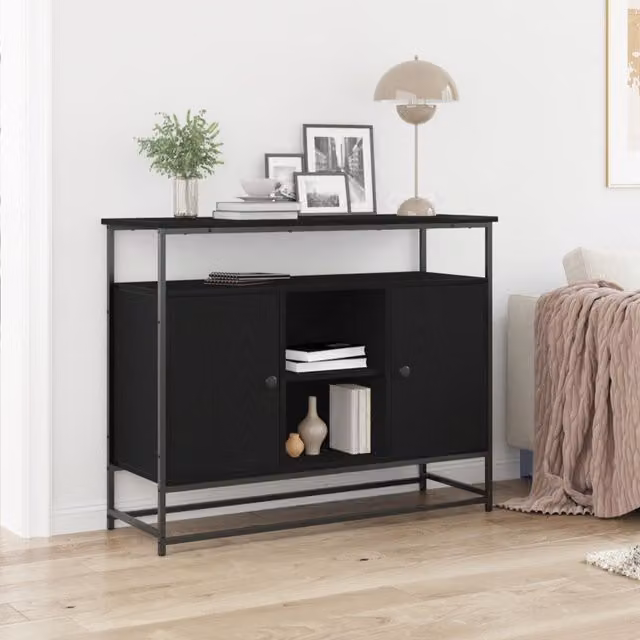 Berkfield Home Black Oak Sideboard in Engineered Wood and Metal, W/D/H: 100 x 35 x 80 cm – 1