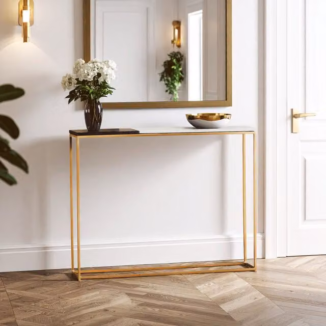 Orsina Luxury Modern Console Table with Black and White Marble Top and Gold Metal Frame