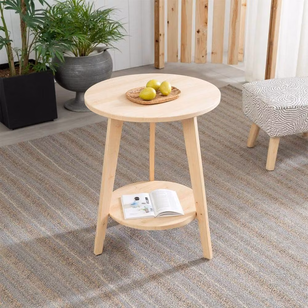 KORVIXA Scandinavian Round 2-Tier Beech Wood Side Table in Brown and Beige – 2