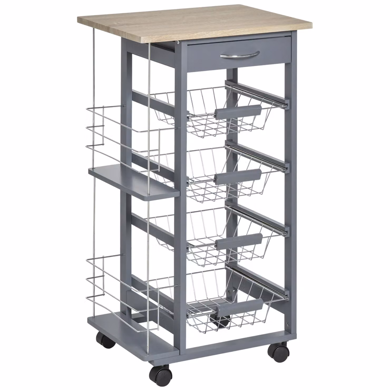 HOMCOM Grey and White Kitchen Island Trolley with 4 Baskets, 2 Side Racks and Drawer Worktop – 2