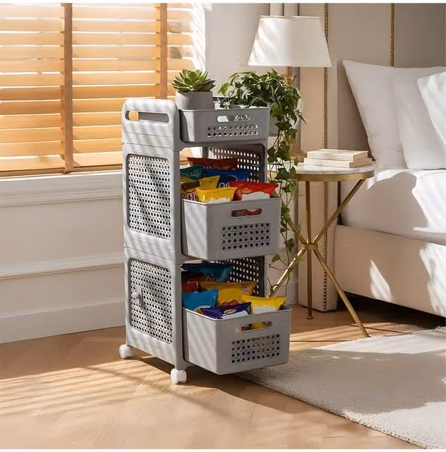 Living and Home 3-Tier Plastic Storage Trolley Cart with Pull-out Baskets, Hook and Storage Box in Grey – 1