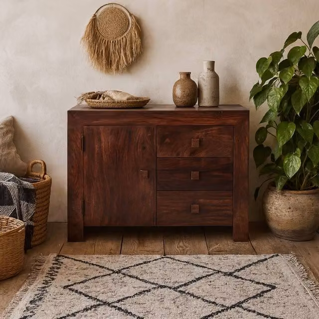 Wyld Haus Phuket Mango Wood Sideboard in Brown with 1 Door and 3 Drawers, W/D/H: 120 x 45 x 75 cm