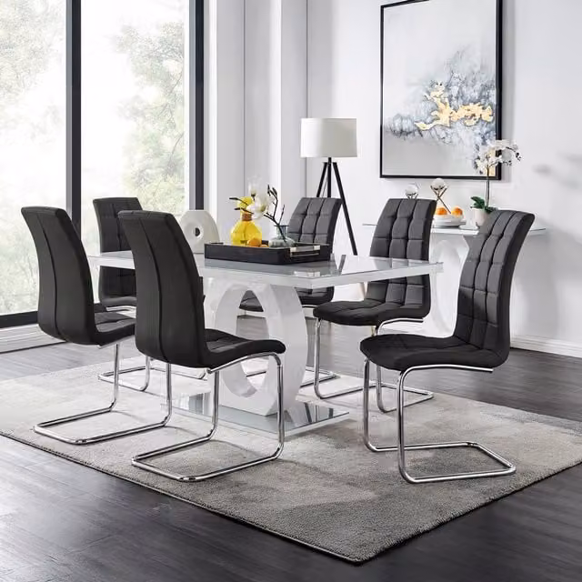 FurnitureboxUK Giovani 6-Seater Grey Glass Dining Table and 6 Black Murano Faux Leather Chairs Set – 1