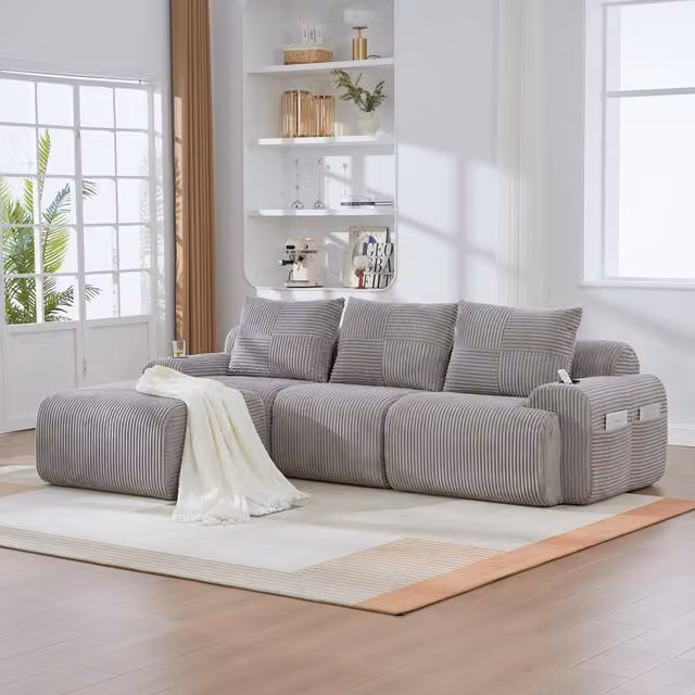 Aosom UK 3-Seater Modular L-Shape Sectional Sofa with Ottomans, Side Storage Pockets and Integrated Cup Holders, Light Gray, W: 174 cm, D: 268 cm, H: 80 cm