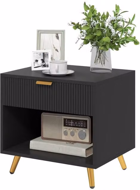 FORGEVIO Small Black Modern Table with Drawer and Open Compartment
