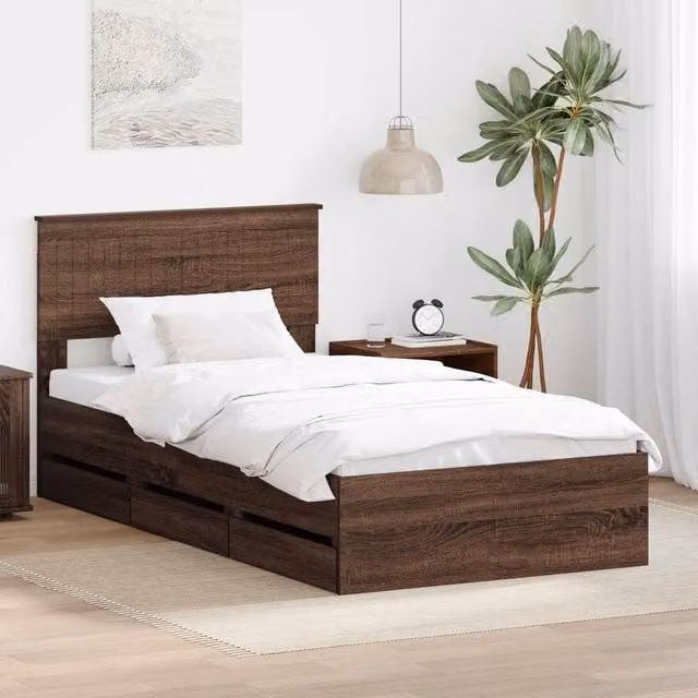 Berkfield Home Modern Bed Frame with Drawers in Brown Oak, W/D/H: 100 x 200 cm – 1