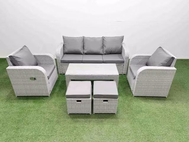 Fimous PE Rattan Garden Furniture Set in Light Grey with 3-Seater Sofa, Reclining Chairs, Coffee Table and 2 Ottomans