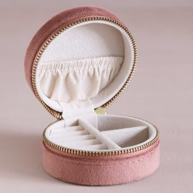 Lisa Angel Women's Round Travel Jewellery Case in Dusty Pink Velvet with Gold Details