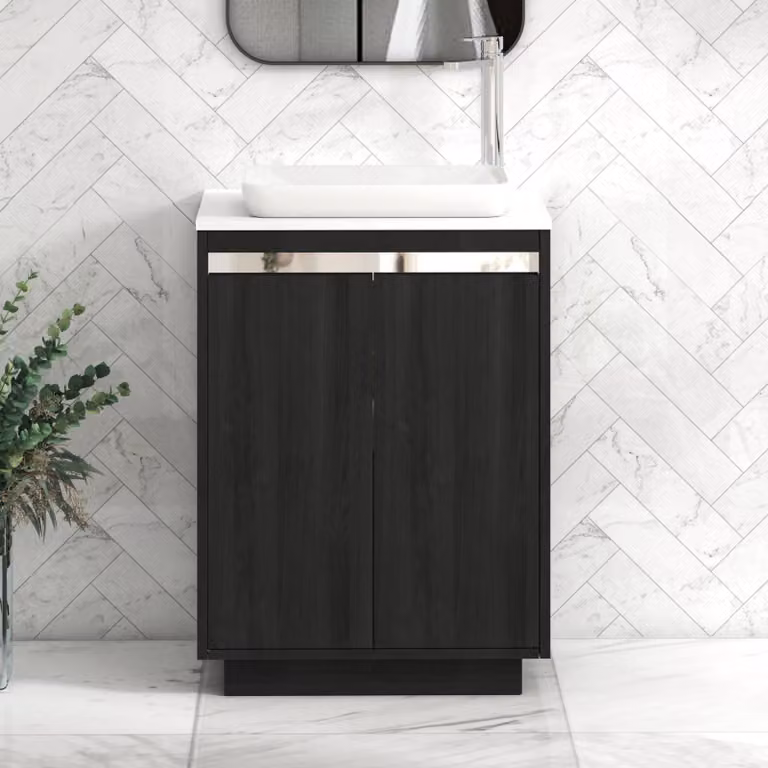 Royal Bathrooms Orion 600mm Hale Black and White Floor Standing 2 Door Vanity Unit with Qubix Basin and Chrome Accent Trim
